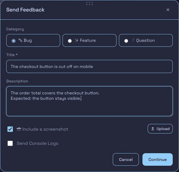 BugDrop feedback form with a report about a checkout button cut off on mobile, a description, and optional screenshot capture.